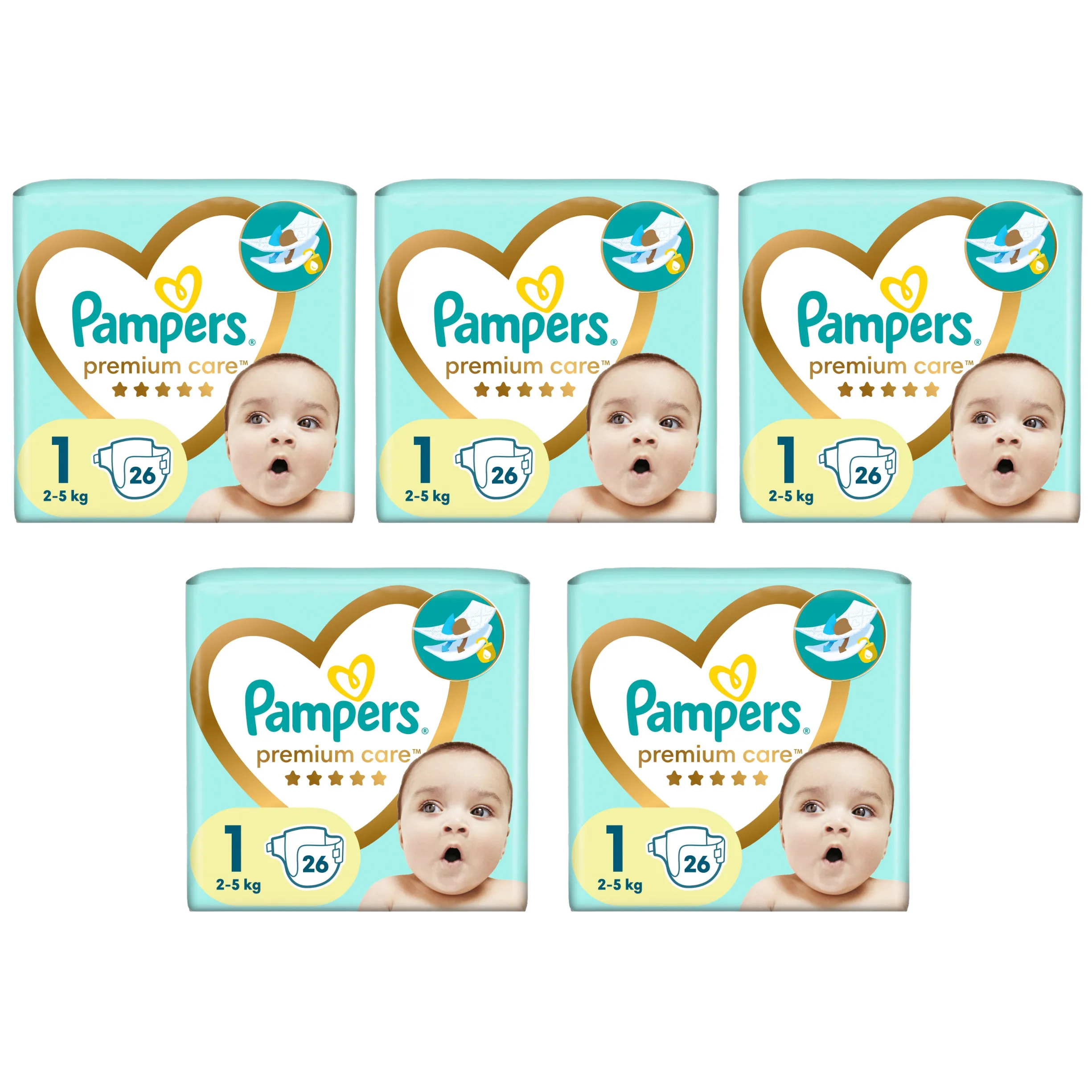 5x PAMPERS Premium Care Roz 1 (2-5 kg) 26 PCs