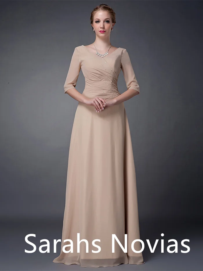 Simple Champagne A-line Mother Of The Bride Dresses Long Floor Length With Sleeves Plus Size Women Elegant Formal Dresses