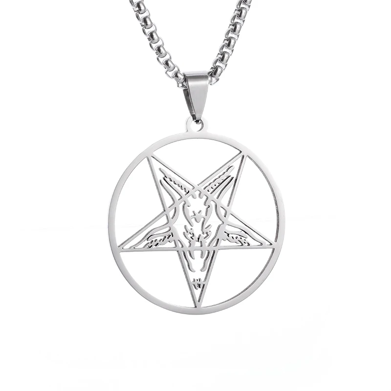 Classic Punk Goat Satan Round Pentagram Pendant Stainless Steel Necklace Amulet Jewelry Gift