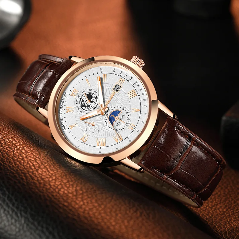 Quartz Watch For Men Leather Strap Moon Earth Calendar Fashion Casual Male Business Wristwatch Simple Stylish Boy Gifts