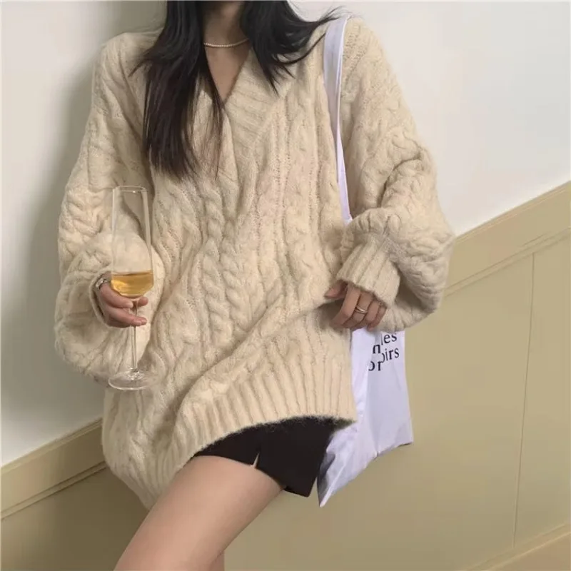 Sweaters Women Vintage Argyle Korean All-match Chic V-Neck Ladies Pullovers Student Lazy Style Popular Winter Womens Sweater New