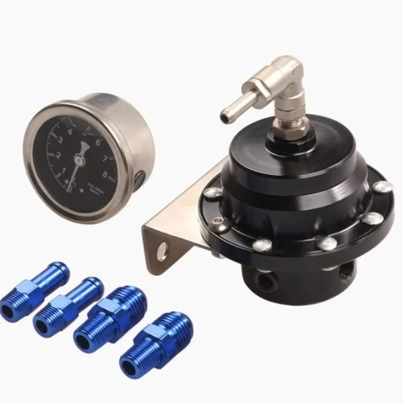 

Adjustable fuel pressure regulator booster with meter and connector