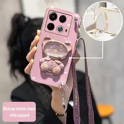 Note 40 Happy Bear Makeup Mirror Plating Phone Holder Case For Infinix Note 40 Shatterproof Protection Infinix Note 40Pro Cover