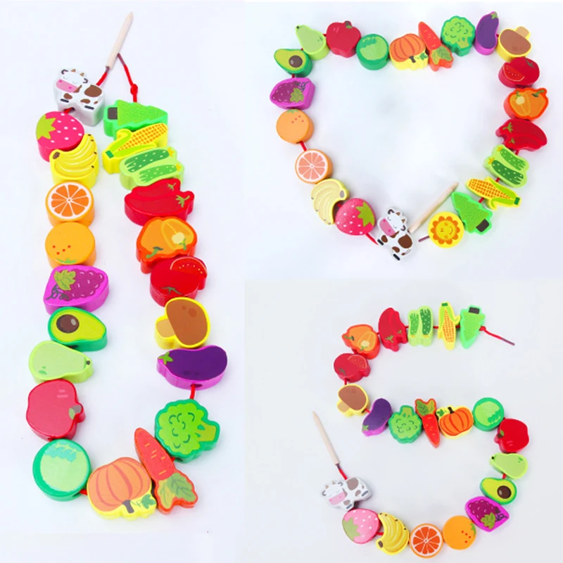 26PCS Wooden Animals Fruits Beads Children Cartoon Toys Threading Rope Montessori Early Education Puzzle Toy  Gifts for Kids TMZ