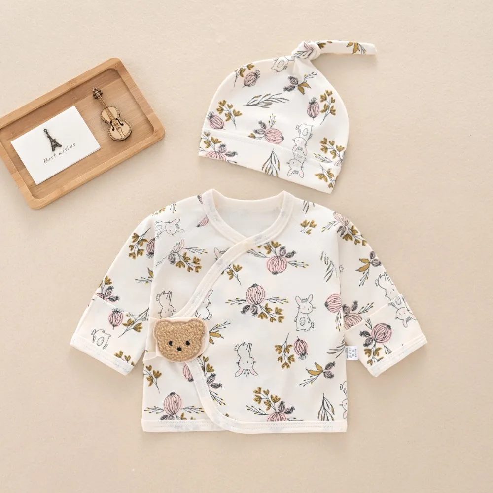 

Весенние топы для новорожденных 0-3 месяца, унисекс, дышащие, из чистого хлопка, с открытой спинкой и шапочкой