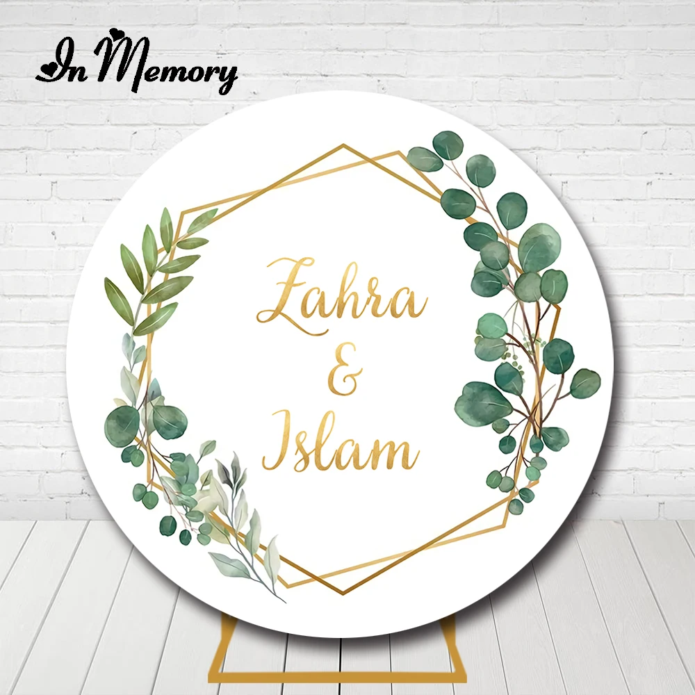 InMemory Green Leaves Bridal Shower Wedding Party Round Backdrop Cover Gold Geometry Adult Birthday Circle Photography Photocall