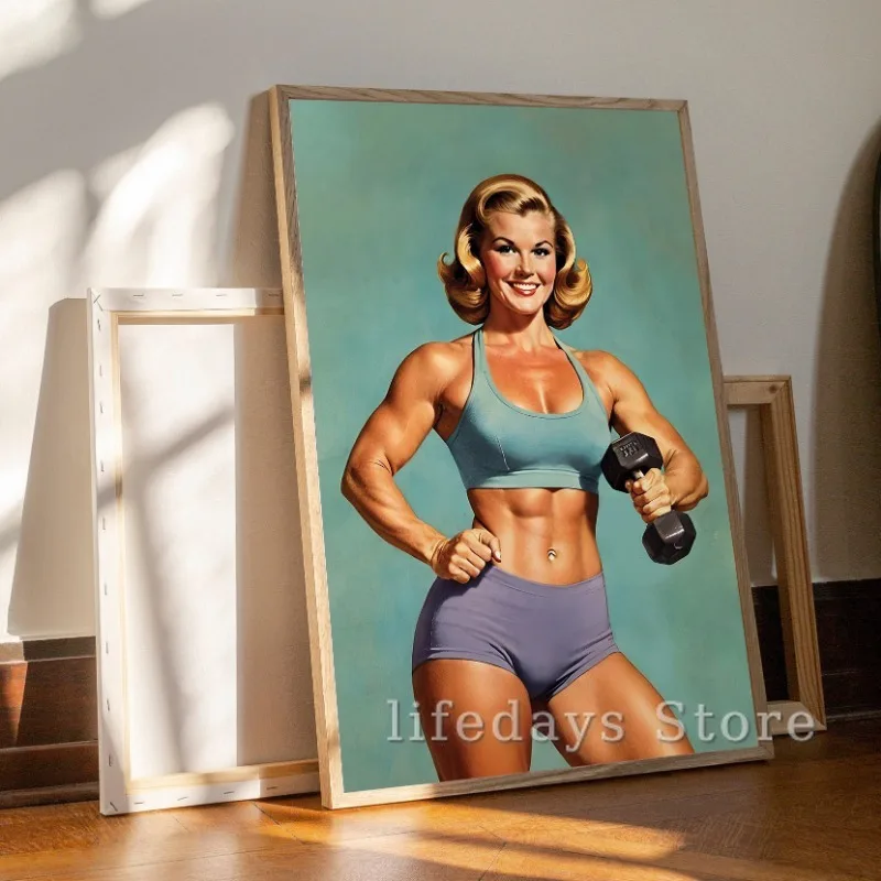 Retro Gym Girl Exercise Fitness Poster and Print Canvas Painting Body Building Weightlifting Wall Art Picture for Gym Room Decor