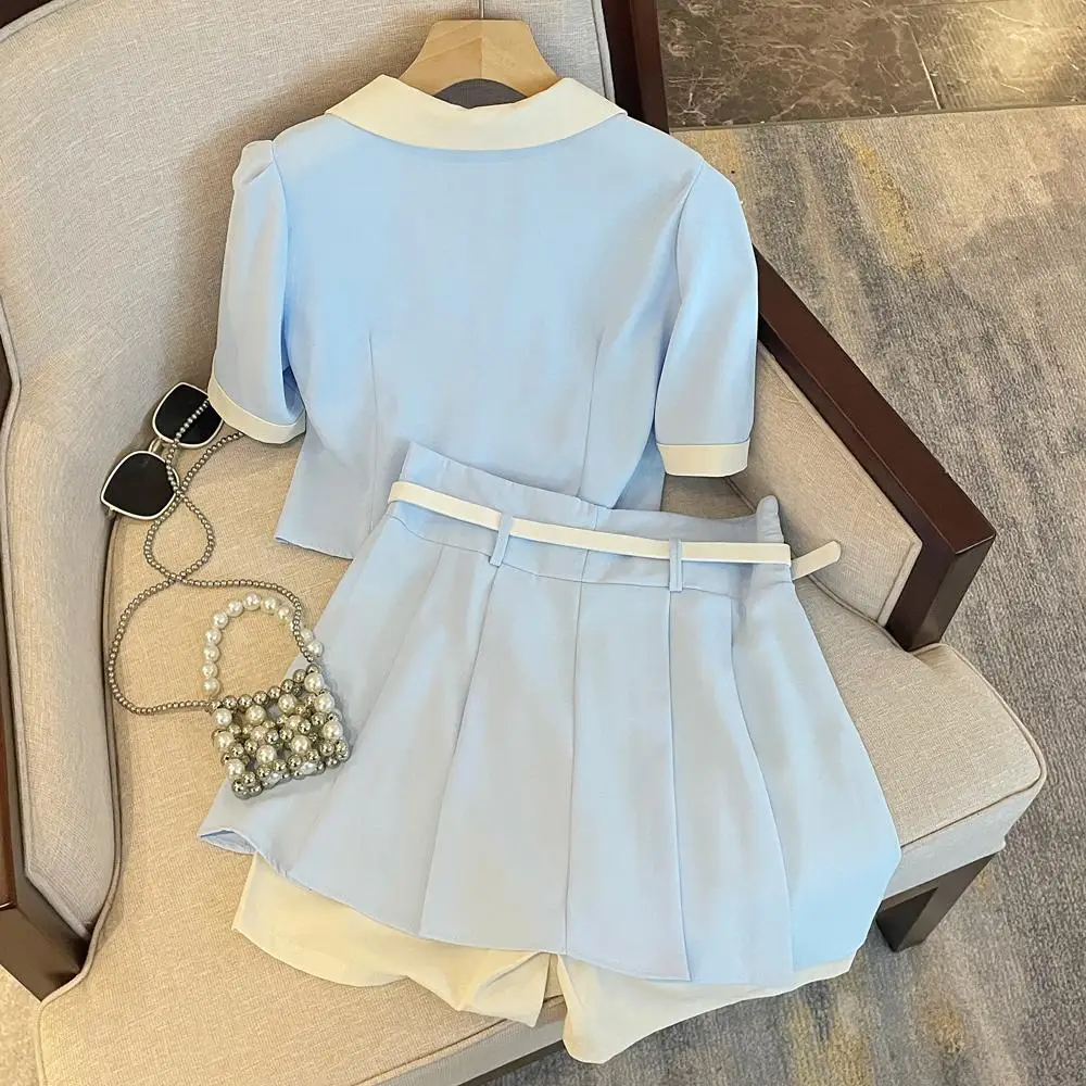 2023 New Women\'s Fashion blue Suit Split Shirt and Shorts skirt Summer Casual Ladies Office Workt Two-piece Suit Set clothing