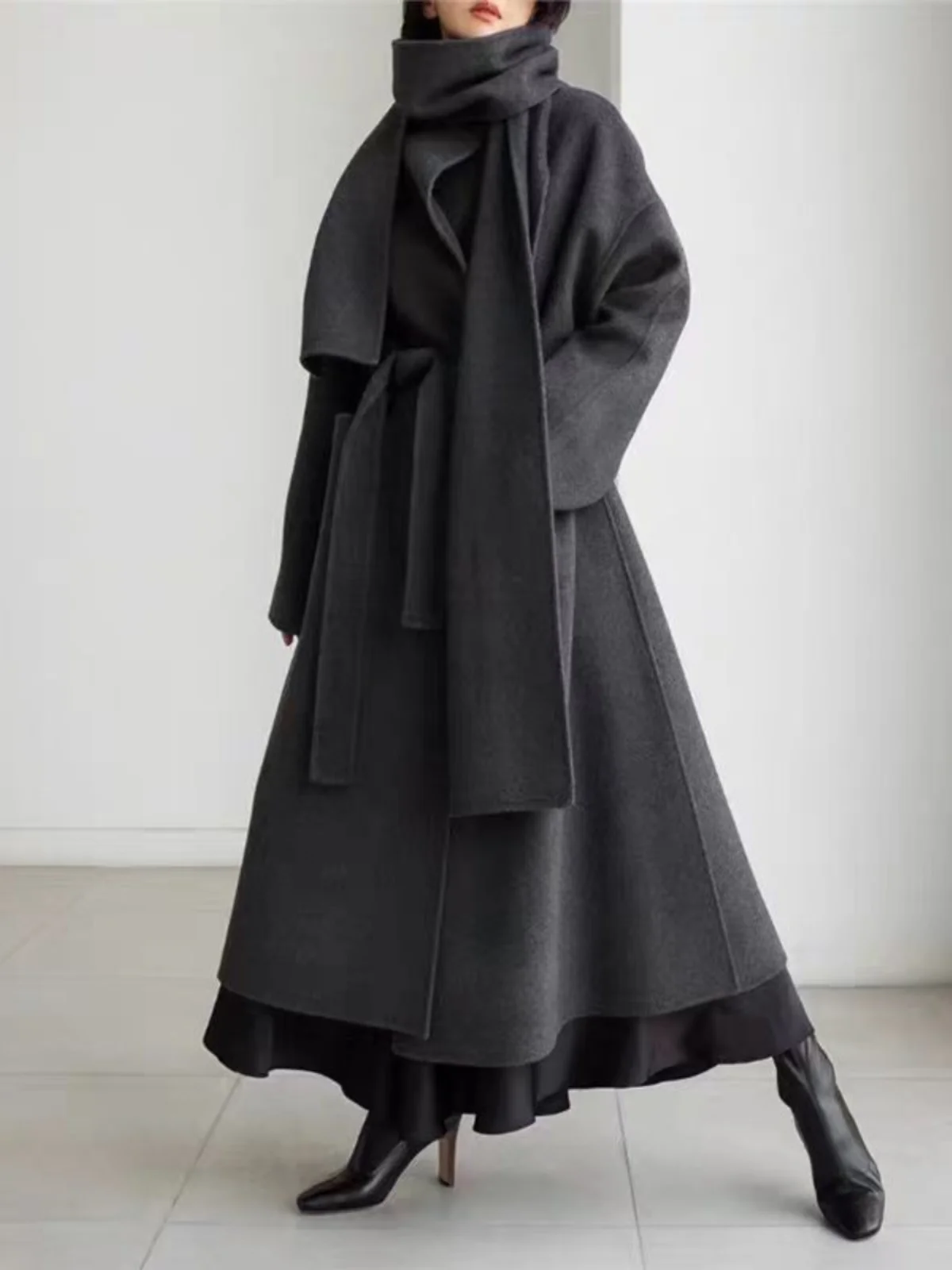 

Autumn Winter Women's Mid-Length Woolen Coat Loose Fit Casual Belted Slimming Scarf Large Size Korean Sle Commute Coat