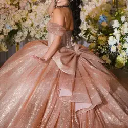 Rose Gold Princess Quinceanera Dressse Bow Crystals Beads Cinderella Sweet 16 Dress Vestidos De 15 Años Corset Gown Customized