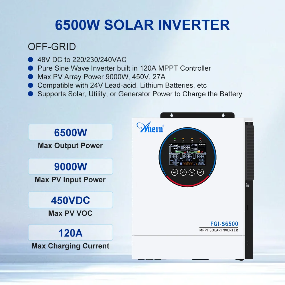 

Anern 6500W 5000W Solar Hybrid Inverters Dual AC Output MPPT 120A 160A Pure Sine Wave Inverter 48V Hybrid 24V 60Vdc-450Vdc BMS