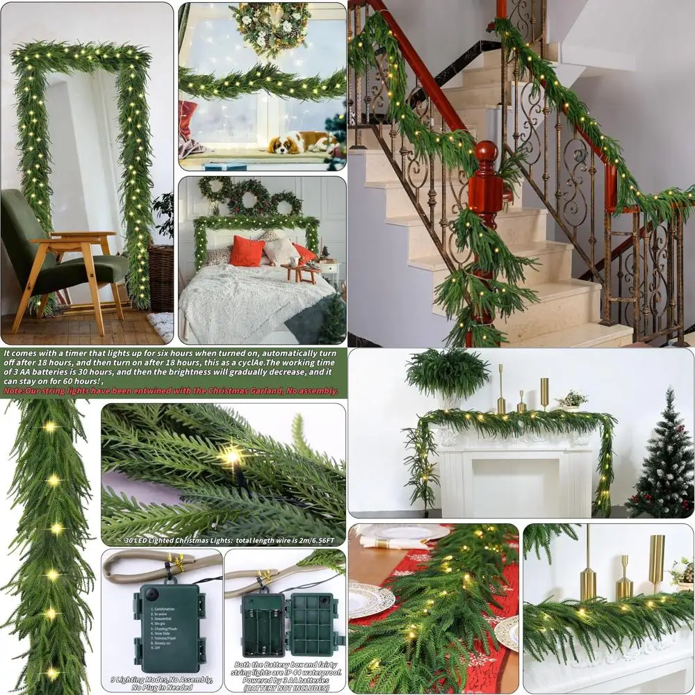 

Pre-Lit Christmas Garland, 6FT Faux LED Norfolk Pine, Artificial Realistic Greenery for Mantle, Table, Door, Indoor/Outdoor Holi