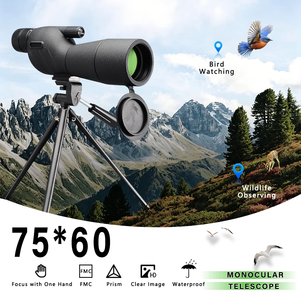25-75x60 Zoom Spotting Scope Camera 4K HD Birdwatching Telescope  with Tripod Outdoor Camping Gear