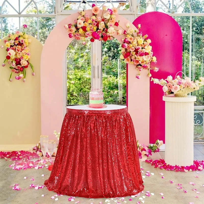 1PCS 10/20FT Long Red/Rose Gold Sequin Table Skirt for Round/Rectangle/Square Table for Birthday Party Wedding Christmas