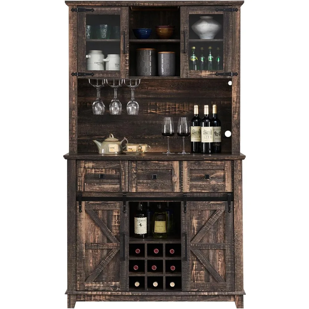 AMERLIFE Coffee Bar Cabinet with Sliding Barn Door, 72'' Farmhouse Kitchen Sideboard, Buffet Storage Table, Wine Glass Racks,