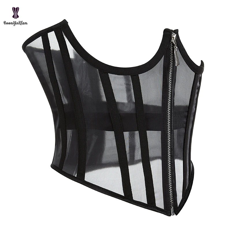 See Through Mesh Net women\'s 14 Glue Boned Cupless Chest Binder Bustier Underwire Waist Trainer corsetto con cerniera