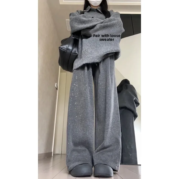 드레이프 와이드 레그 팬츠 여성용 하이웨이스트 니트 소프트 캐주얼 여름 2025 신상 레이지 슬림 폴리에스터 섬유 롱 팬츠