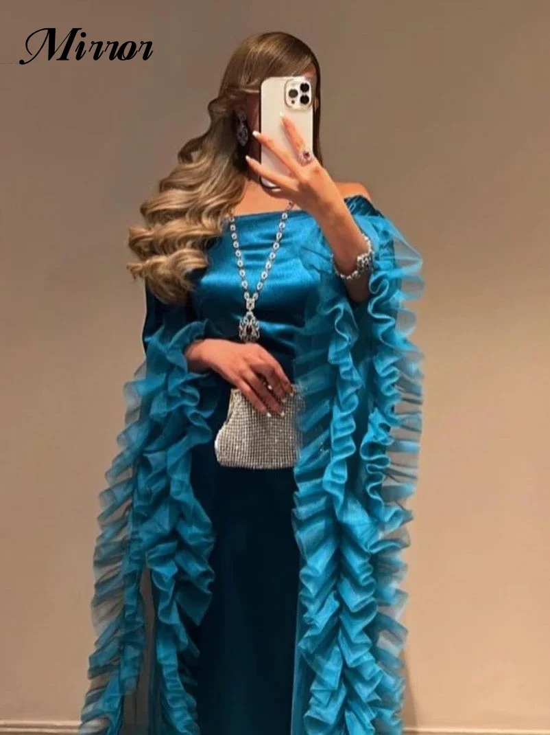 Mirror Dress Elegant Vintage Peacock Blue Ruffles Boat Neck Customized Formal Occasion Ball Prom Dress Evening Party Gowns