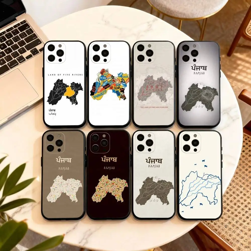 

U-United Punjab Map Art Phone Case For iPhone 17,16,15,14,13,12,11 Plus,Pro Max,XS,Soft Silicone Black Cover