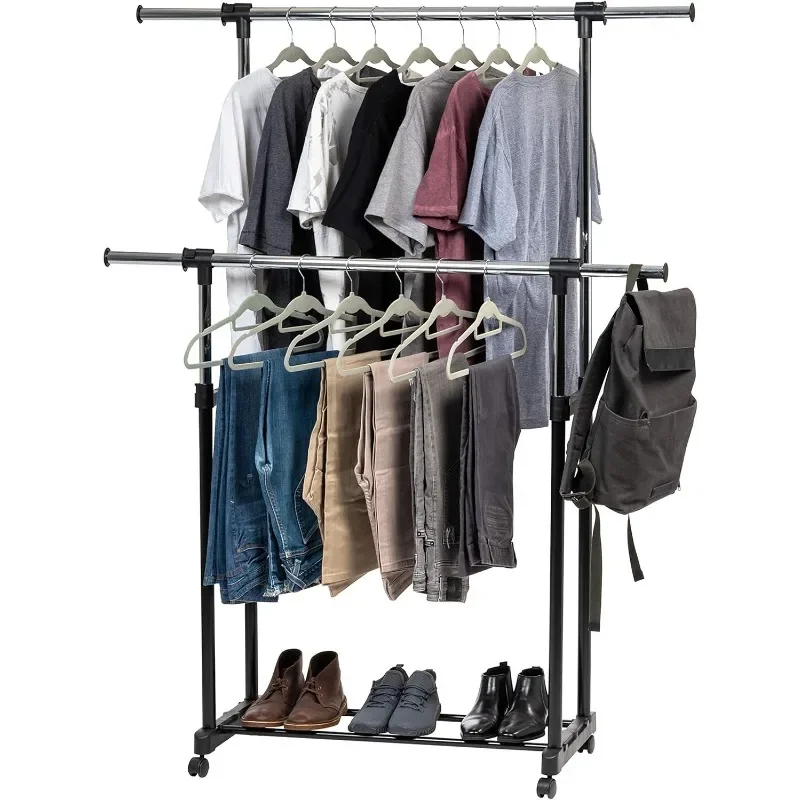 USA Portable Double-Rod Height Adjustable Clothes Rack with Extendable Bar and Lockable Wheels, Rolling Garment, Double