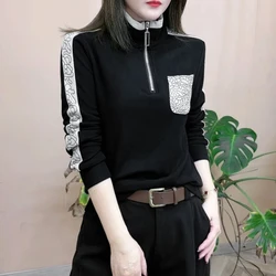 Korean Fashion Autumn Winter New Women Stand Collar Half Zipper Print Patchwork Plus Velvet Long Sleeve Pullovers T-Shirts Tops