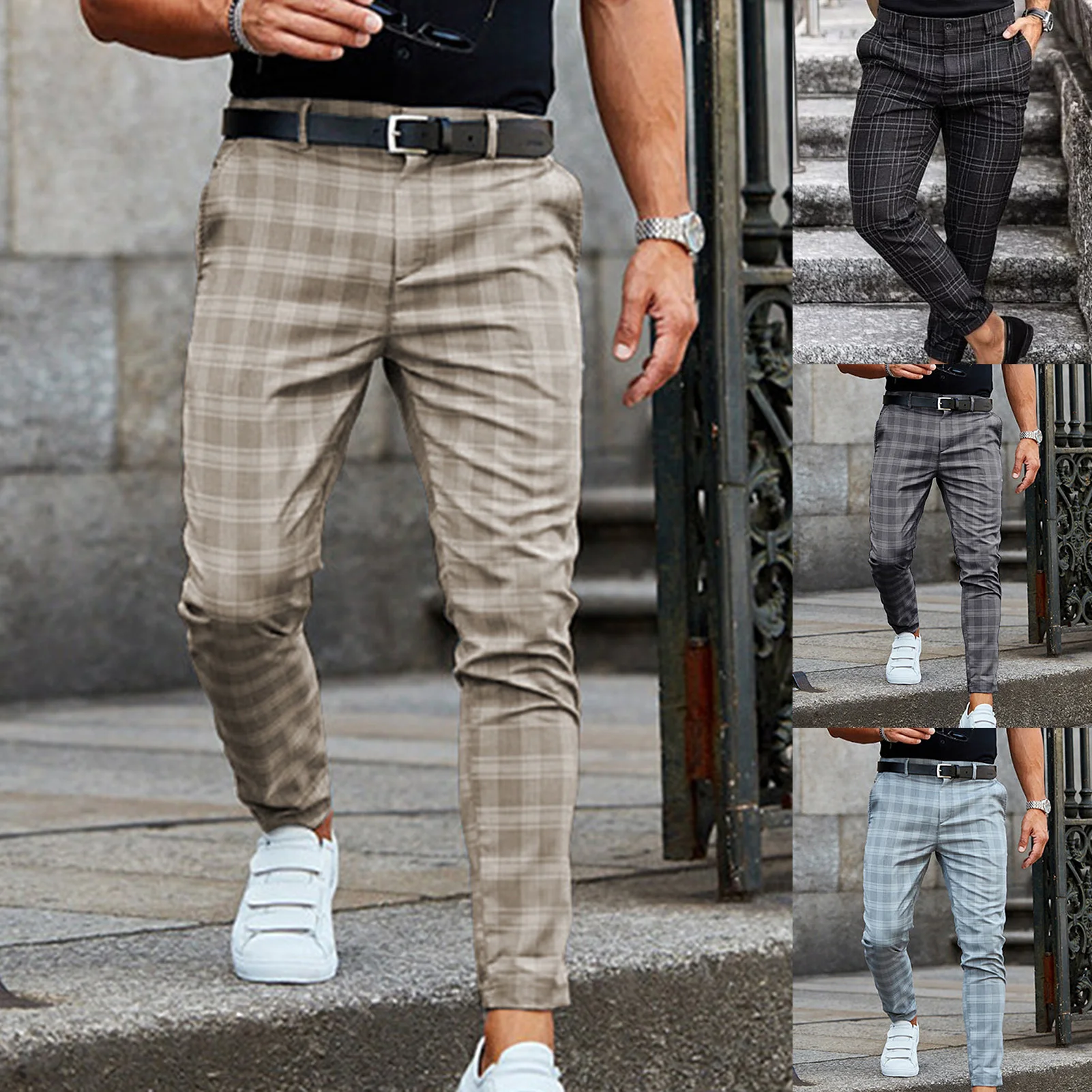 Mid-rise Zipper Button Fly Pockets Men Pants Autumn Plaid Print Straight Fit Casual Pencil Pants