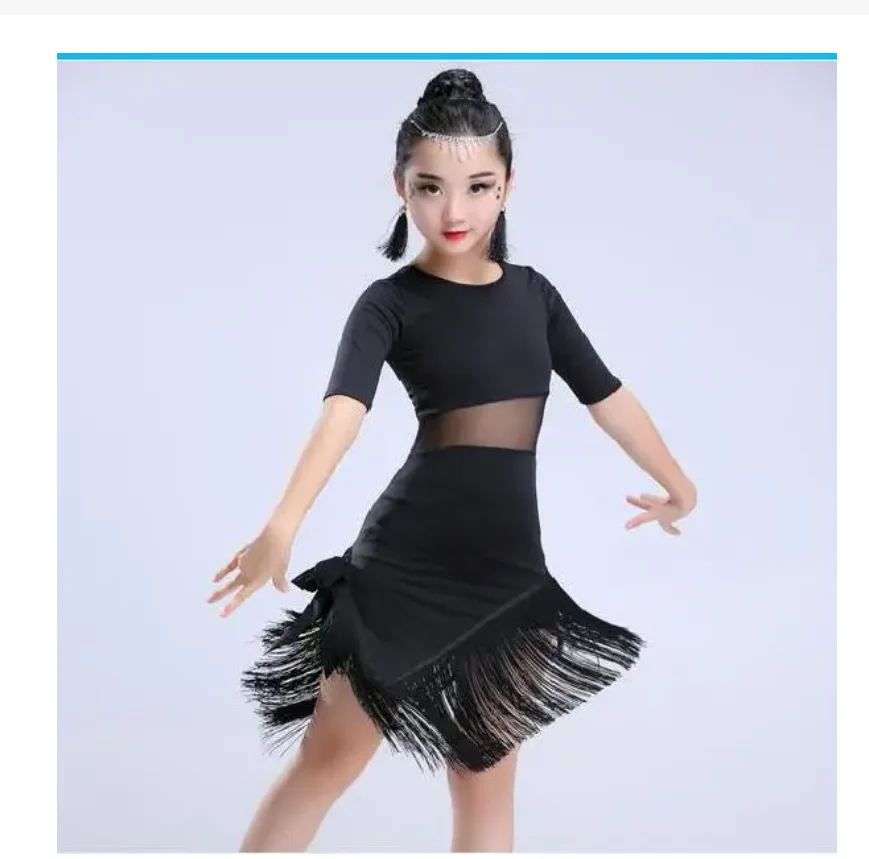 Vestido de baile latino para niñas, ropa de baile latino con flecos, disfraz de Salsa, vestidos de Tango de salón, negro y rojo, 1 unidad por lote