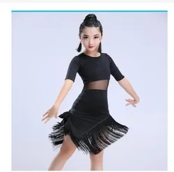 1 pçs/lote criança meninas vestido de dança latina franja roupas de dança latina salsa traje preto vermelho vestidos de tango de salão