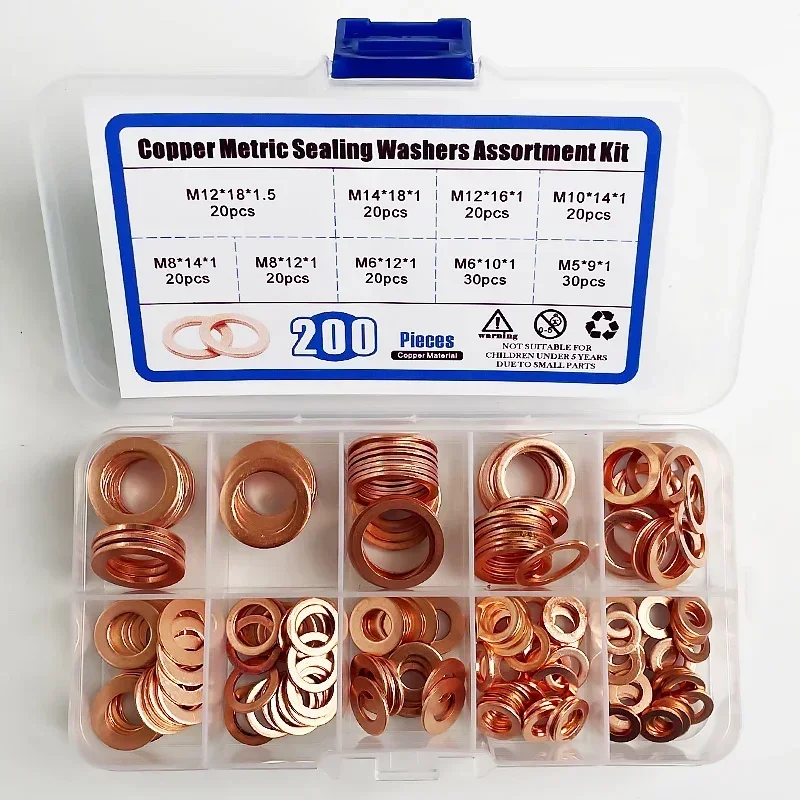 200PCS 9 Sizes Copper Washers Assortment Kit M5-M14 Metric Flat Ring Sealing Gasket Set For Sump Plugs Oil Boat Crush Seal