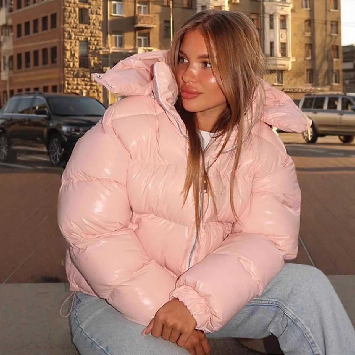 THRUM Glossy Zipper Hooded Coats Women's Warm Elastic Waist Pleated Short Cotton Jacket  Winter New Lady High Street Outwear