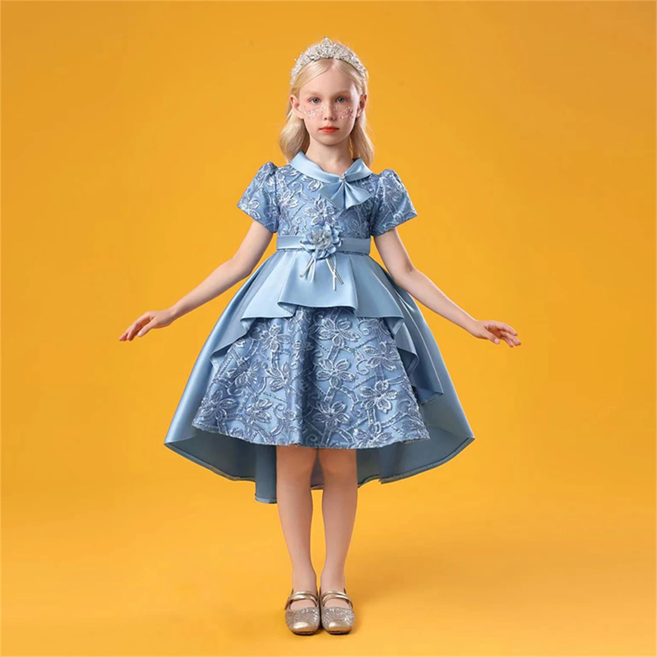 Girls Satin Pattern Dress Bow Knot Neck Princess Dress Summer Short Sleeve Satin Tutu Top