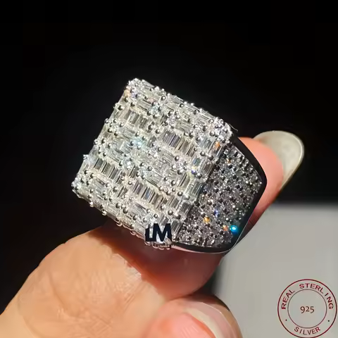 3.50Ct Baguette Cut Real 925 Sterling Silver Men's Engagement Ring 14K White Gold Plated Square Zircon Iecd Out Hip Hop Ring