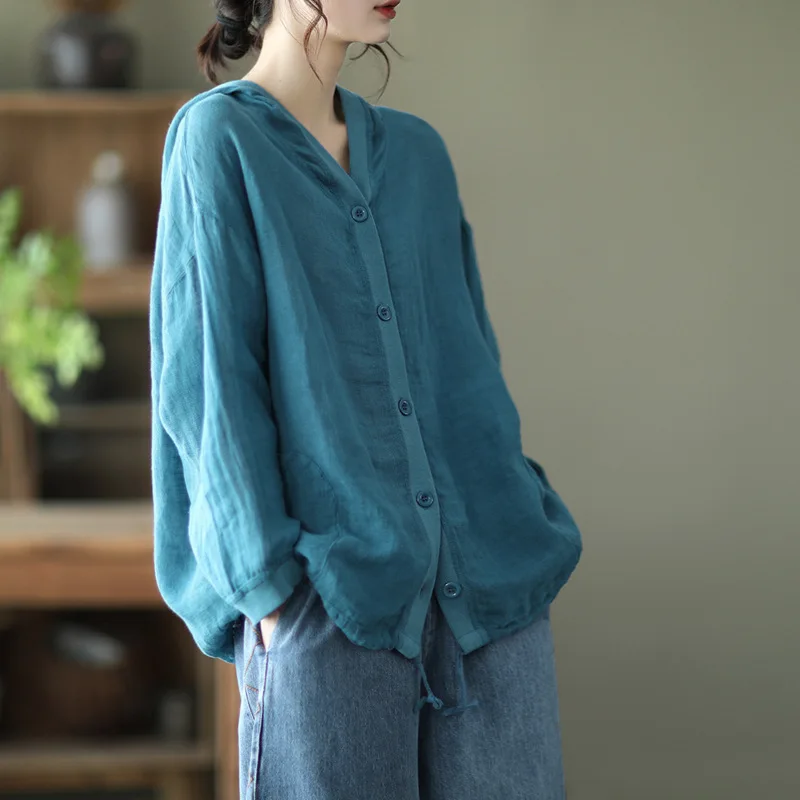 

Cotton and Linen Retro Top Women's 2025 Summer and Autumn Loose Hooded Long-sleeved Cardigan