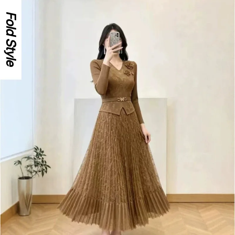 Miyake Pleated Dress 2026 Summer New V-neck Heavy Industry Flower Fashion Lace Splicing Waist Dress