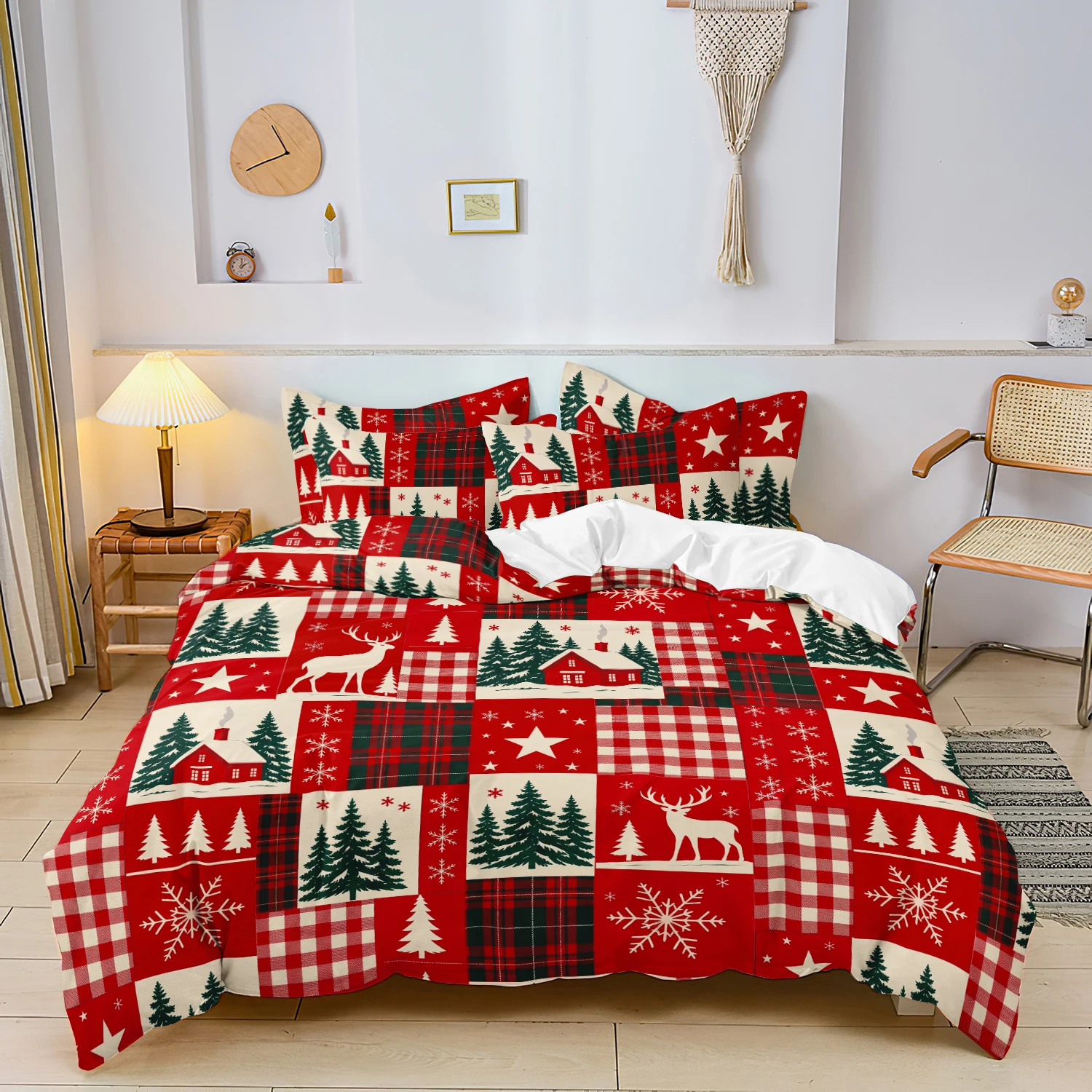 3pcs Christmas Duvet Cover Set, Red Plaid Reindeer Winter Cabin Pine Trees & Snowflakes Cozy Country Style Holiday Bedding