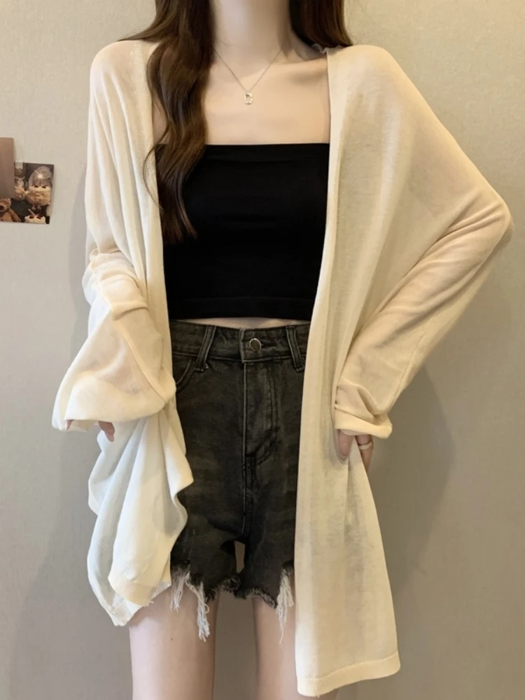 Lightweight Ice Silk Knitted Sun Protection Cardigan Cover up Women Summer plus Size Slimming Midi Outerwear Shawl Top