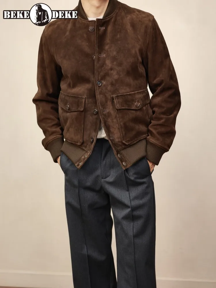 

Высококачественная мужская куртка-бомбер из натуральной кожи с воротником-стойкой, винтажная замшевая куртка из овчины, однобортная повседневная верхняя одежда для мужчин