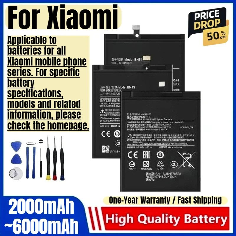 Battery for Xiaomi Redmi 2/3/3X/3S/4X/3 Pro/4(16G)/5/6/6A/7/8/8A/8A Dua/9/10X 5G/12/13/14C/GO/Pro/A2/A3/A5 Mobile Phone Battery