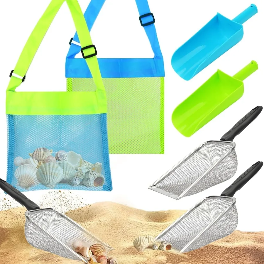 6 Pack Beach Sand Sifter Toys Set 2 PCS Shark Tooth Sifter 2 PCS Plastic Sand Shovel Beach Mesh Shovel with Shell Storage Bags f