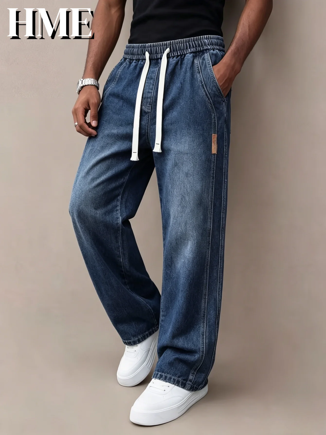 【HME】Men's Jeans | Elastic Waist Drawstring Denim Pants For Men, Loose Wide Leg Denim Pants With Gradient Washed Finish, Side Stitch Detail Small Leather Tag, Casual Relaxed Fit Denim Trousers For Daily Street Wear