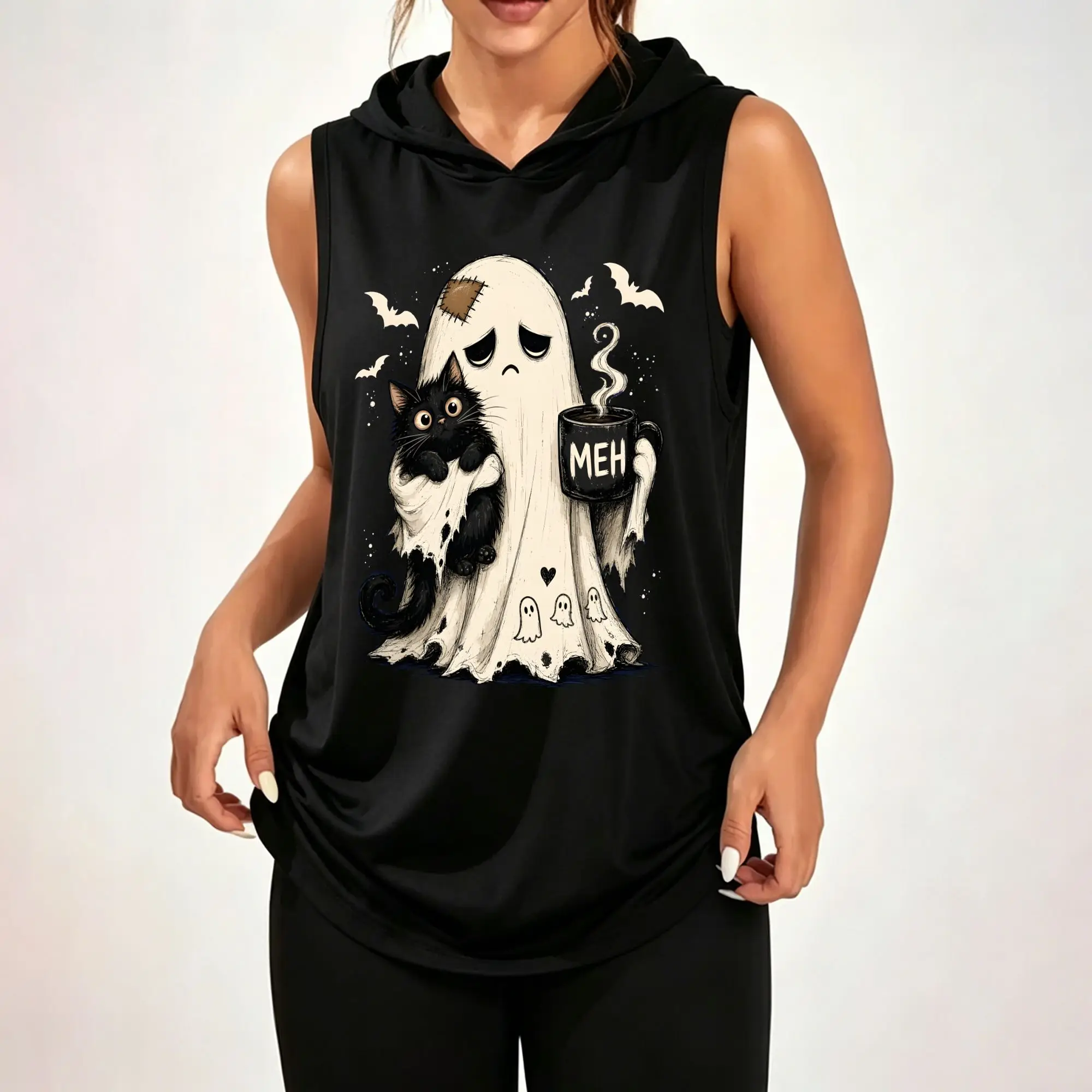 Women's Sleeveless Hoodie, Sad Ghost Black Cat Coffee Cup Halloween Bat Retro Graphic Print Casual Hooded Tank Top