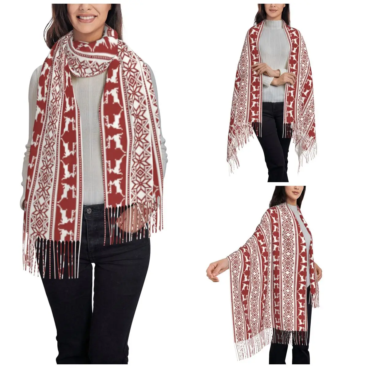 Nordic Christmas Scarf for Womens Winter Pashmina Shawls and Wrap Reindeer Snowflake Deer Single-sided Pattern Scarves Ladies