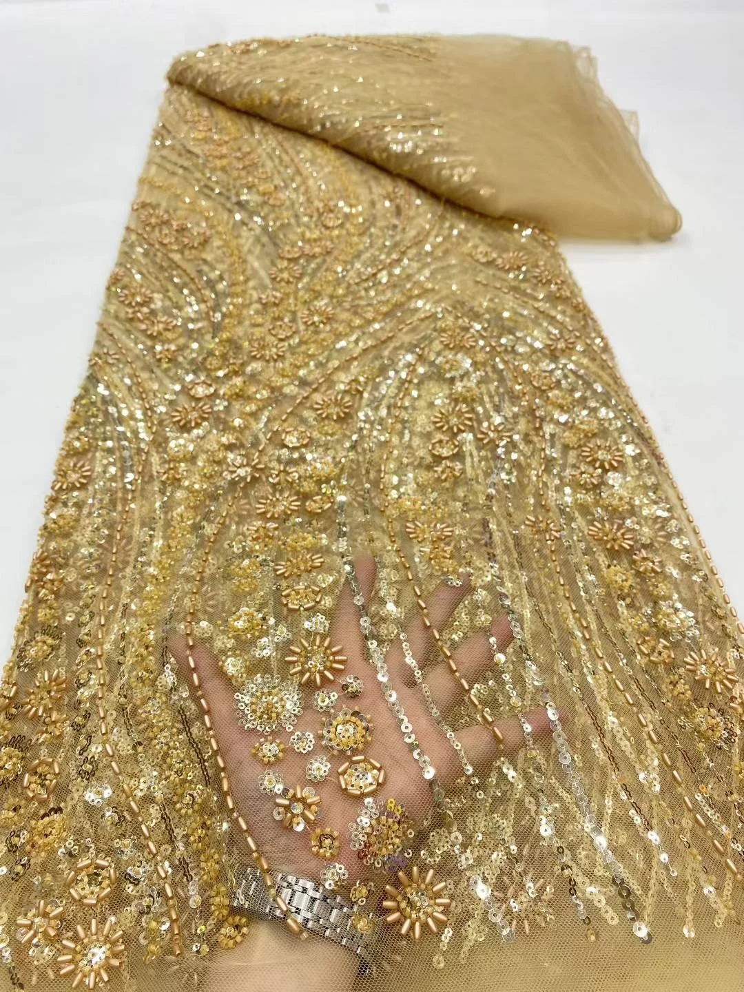 

2025, New Nigerian African French Guipure Tulle Lace Fabric Sequins Beaded Embroidery for Wedding Party Evening Dresses 5 Yards