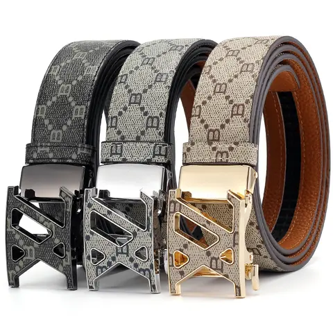 Men Automatic Buckle Belt Double Circle G Shape Metal Buckle Vintage B Monogram Printed Faux Leather Belts