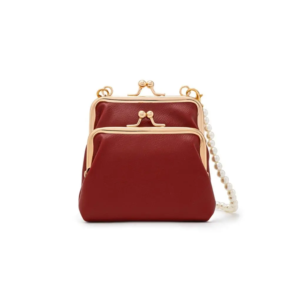 Retro Double Layer Mini Crossbody Bag Detachable Strap Pearl Chain Kiss Lock Purse PU Leather Clip Frame Small Purse For Women