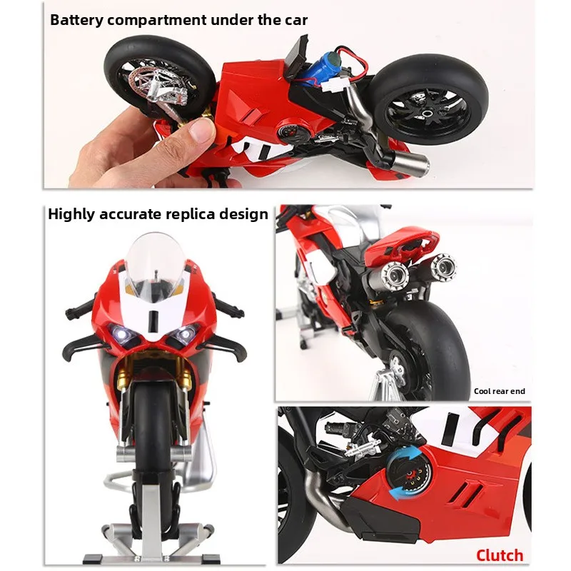 1:9 v4r tubo de escape duplo alta simulação liga metal diecast modelo motocicleta som e luz caixa presente aniversário para menino