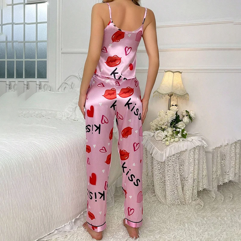 Women\'s Satin Floral Pajama Sets with Spaghetti Strap Tops and Long Pants Sleepwear 2 Piece Sleeveless Home Clothes Loungewear