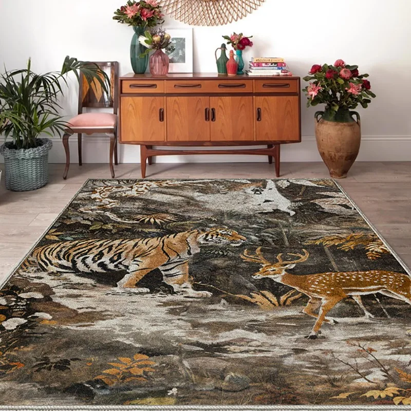 2024 New Imitation Cashmere TPR Water Wash Bottom American Forest Tiger Bedside Carpet Living Room Floor Mat Customizable Size