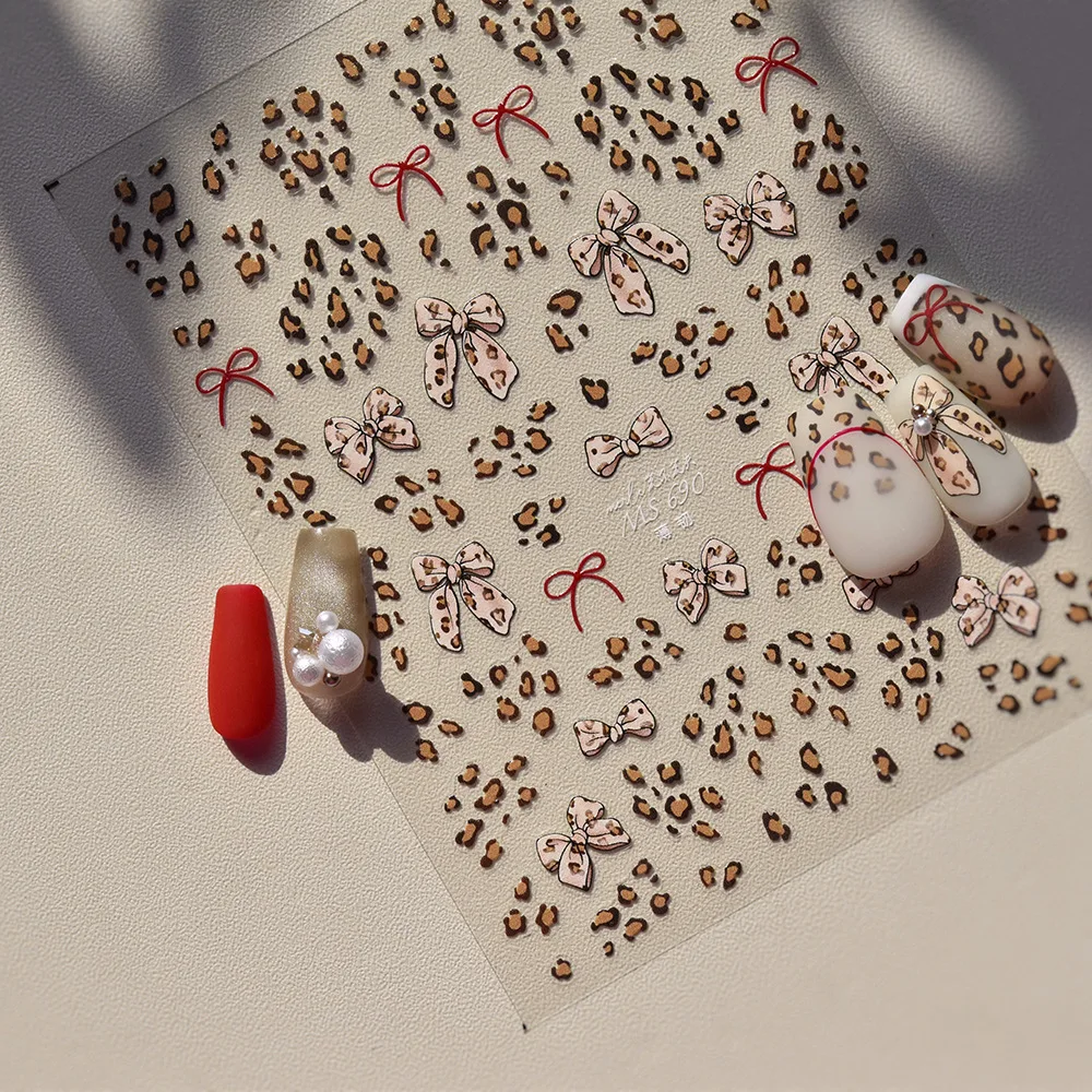 One piece of Retro Leopard Print Bow-shaped Nail Art Charms Sticker Cute Bow-shaped Self-adhesive Nail Stickers for 3D Decoratio