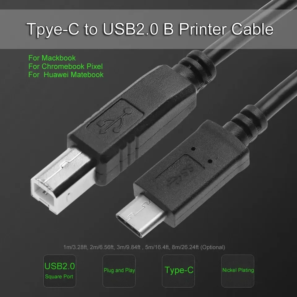 1M 2M 3M 5M USB 2.0 Data Cable Type-C To USB-B Print Cord Compatible with Thunderbolt3 Laptop for Printer Scanner MIDI Keyboard